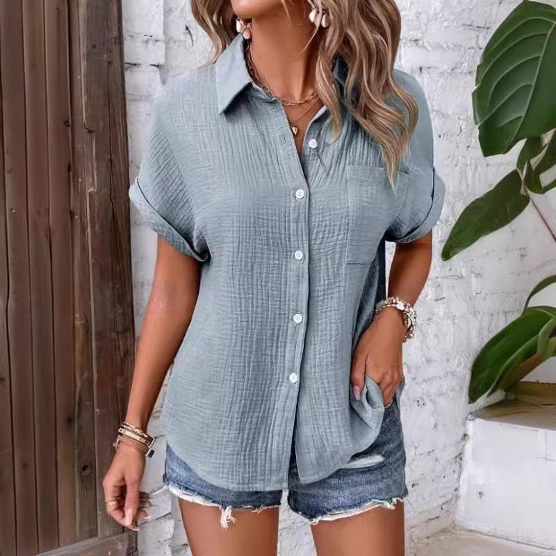Women's Cotton Shirt Short Sleeve Button Front Turn Down Collar Loose Fit Blouse