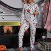 Women's Halloween Pumpkin Pajama Set - Cardigan Lapel, Long Sleeve, Long Pants Homewear