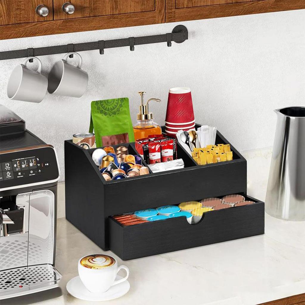 Coffee Counter Organizer Wooden Sugar Basket Multipurpose Desk Coffee Counter Organizer With Drawer For Dorm Studio Breakroom