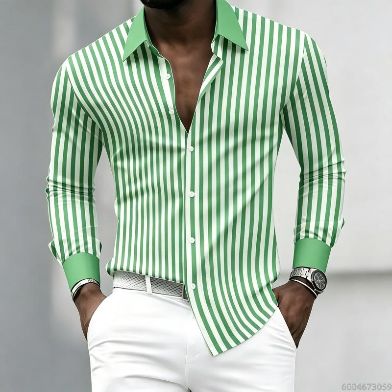 Men's Long-sleeved Collared Shirt with Black and White Vertical Stripes, Contrasting Collar and Cuff Design