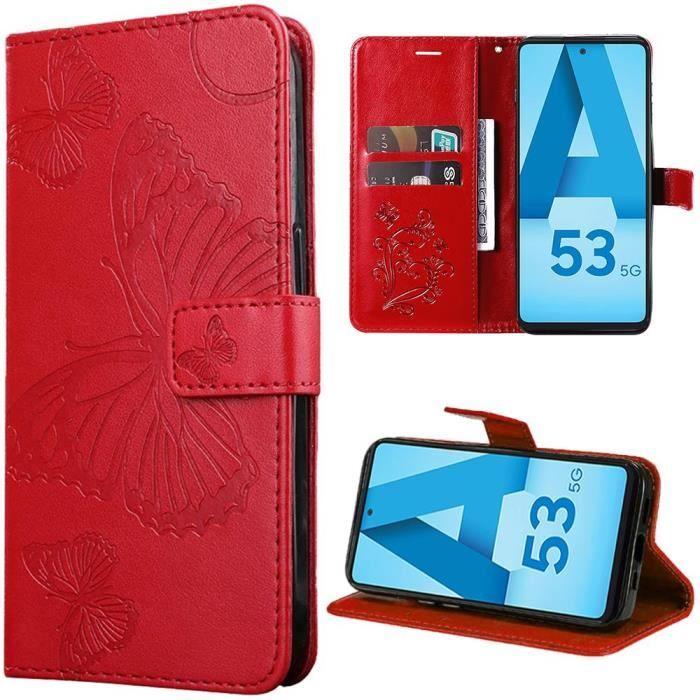 Coque - Samsung - Galaxy A53 5G - Rouge - Motif Papillon - Effet Cuir