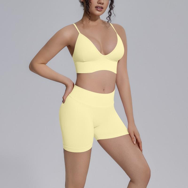 Seamless Yoga Workout Set Zip Jacket Sports Bra V-Waist Shorts Leggings Gym Fitness Outfit