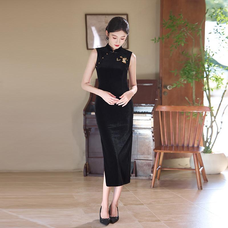 Black velvet new Chinese Suzhou autumn long cheongsam improved young 1011 new women's high-end spring and autumn