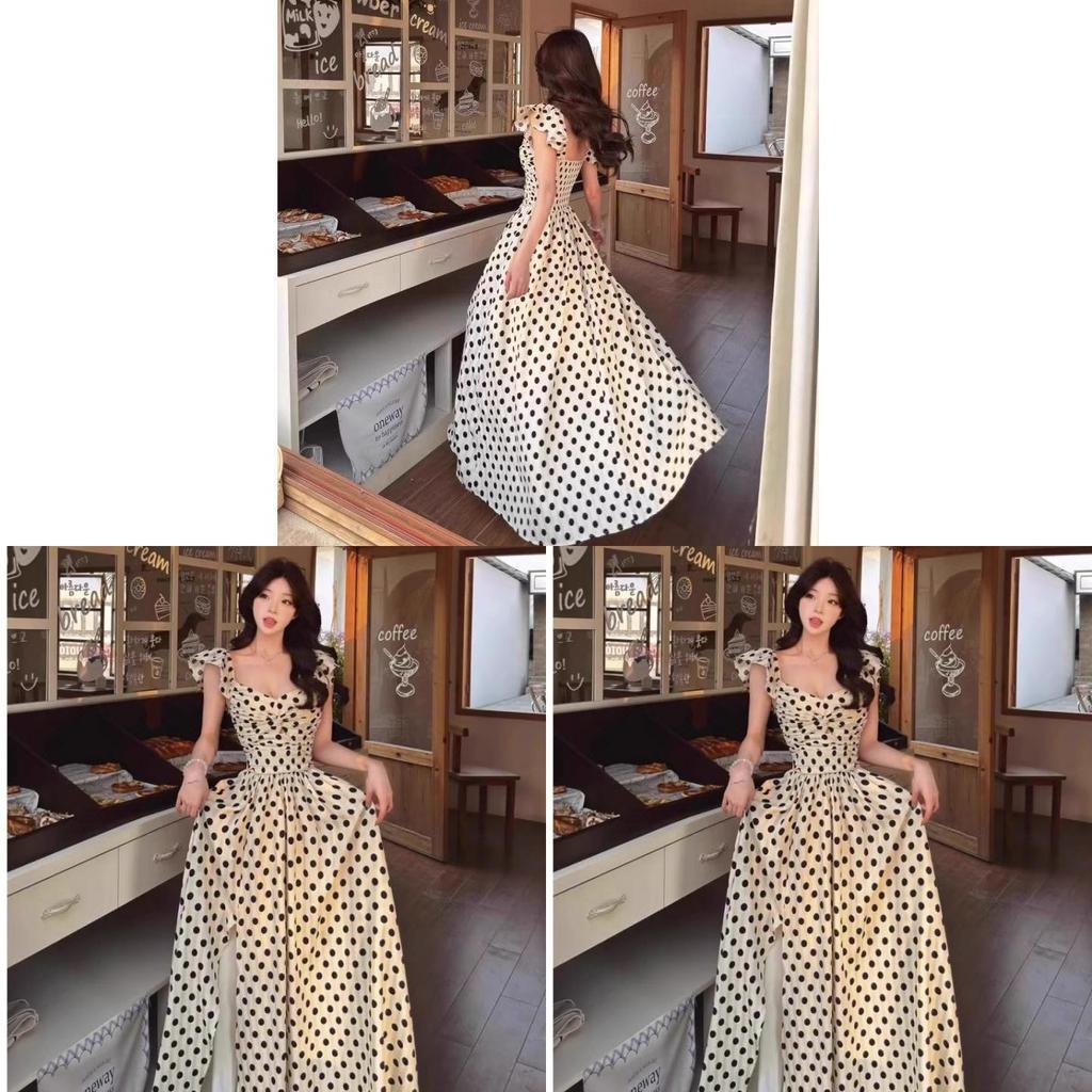 Polyester French Polka Dot Dress For Summer Beach Vacation With Short Princess Sleeves And Slim Fit