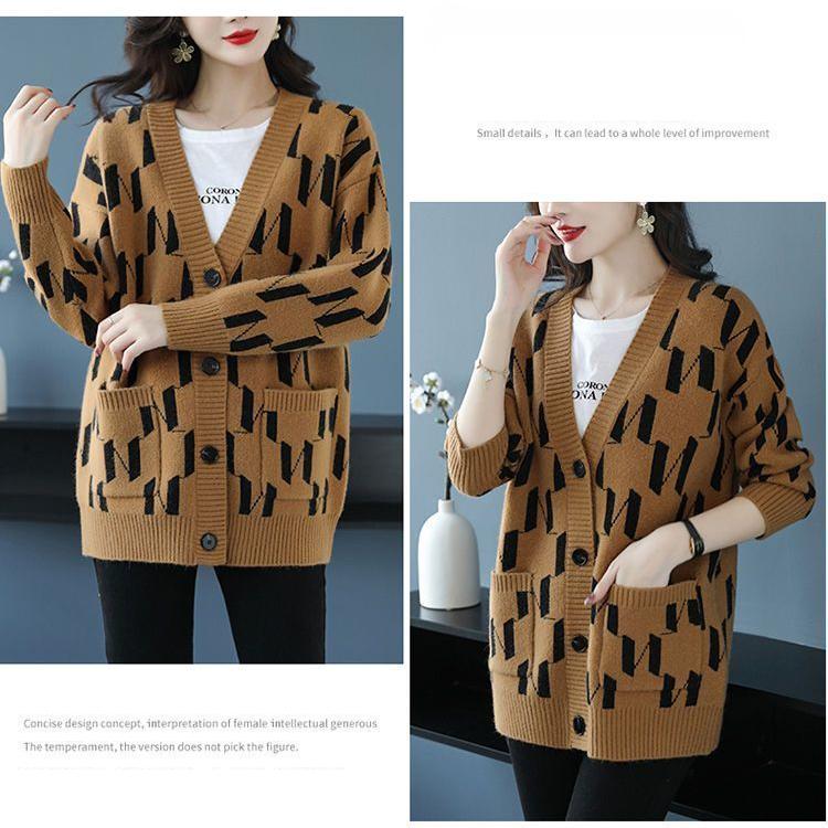 Herbst/Winter Damen Übergröße Strickjacke Pullover V-Ausschnitt Lockere Strickjacke Bedrucktes einreihiges Strickoberteil