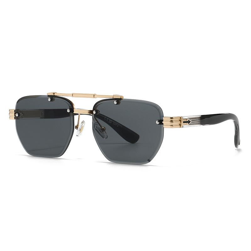 Double-beam frameless square sunglasses, retro metal trimmed sunglasses, unisex driving sunshades.