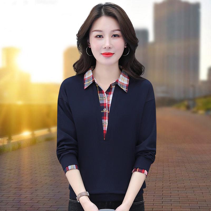Women's Elegant Fake Two-Piece Hoodie - Long Sleeve, Stylish Korean Fashion for Middle-Aged Moms (Spring/Autumn)