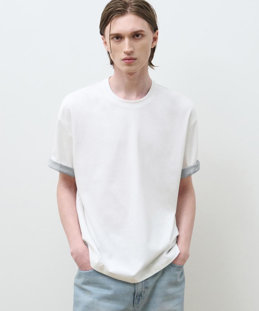 DRAW FIT Contrast Roll-Up Half T-Shirt [White]
