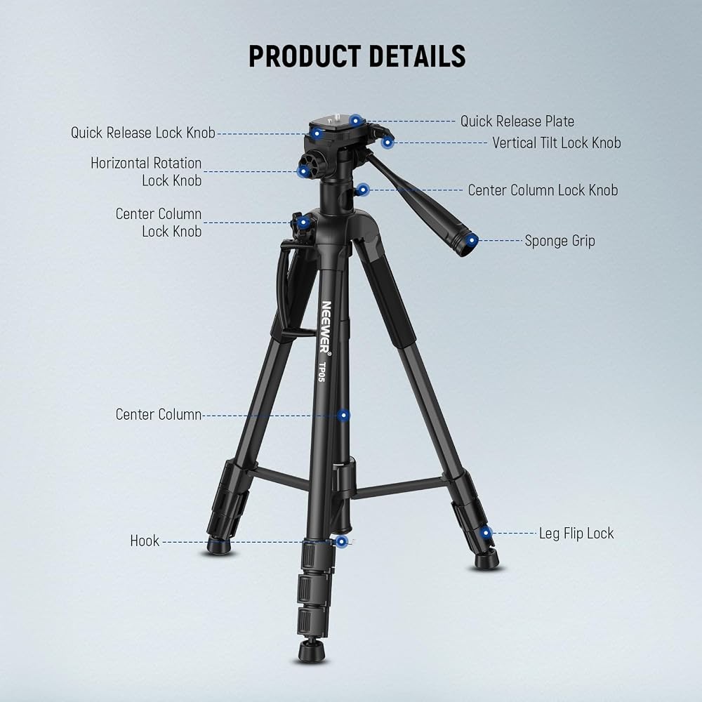 NEEWER Basic 189cm Video Tripod Monopod Compact 3-Way Pan-Tilt Head Overhead Camera Mount Remote Horizontal Center Axis Smartphone Holder Shooting Tri