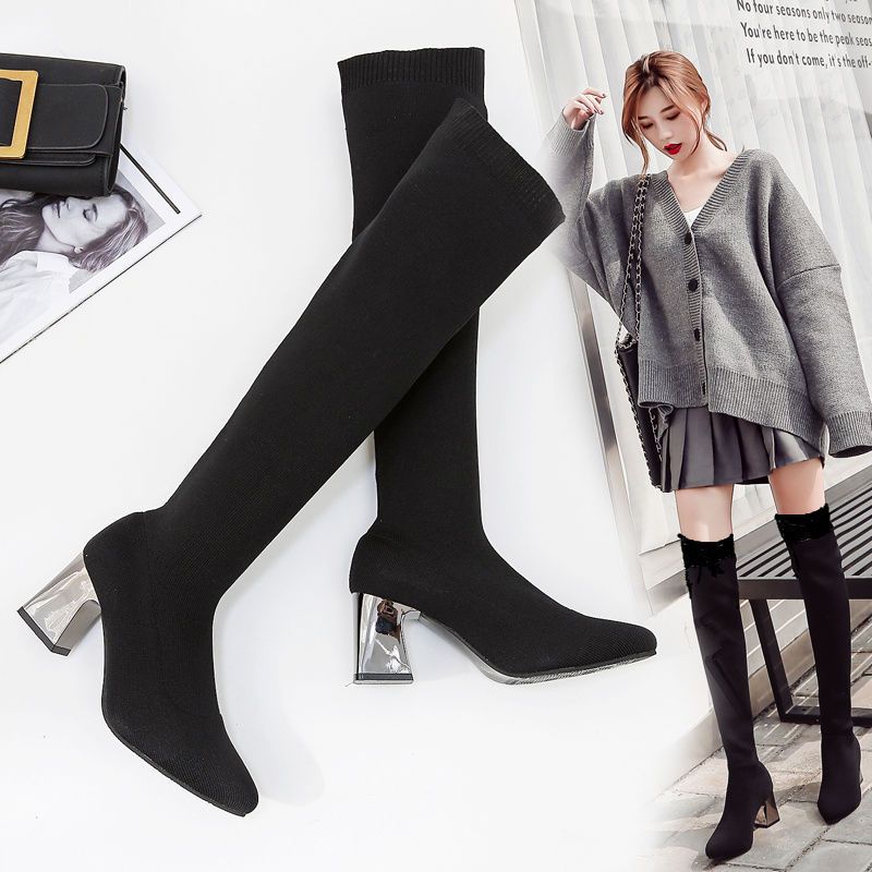 European and American autumn and winter knitted elastic thin legs over the knee boots women's pointed high-heeled wool boots thick-heeled knight boots