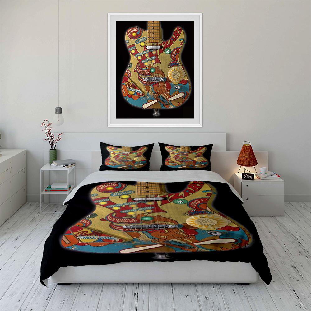 Retro Pinball Guitar Printed Bedding Set Bedding Set (1 Duvet Cover, 2 Pillowcases, Duvet Not Included)