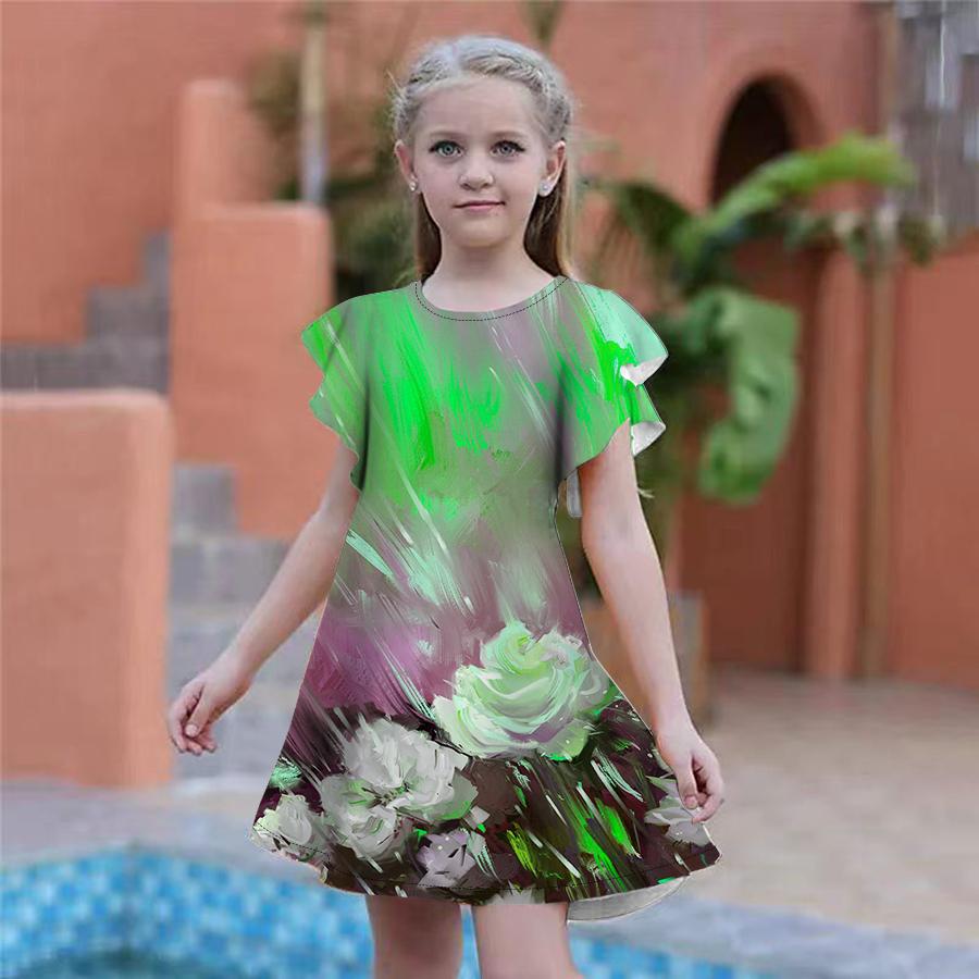 Girls Green Graffiti Rose Print Dresses Kids Girl Party Dress Loose Fitting Loose Fitting Short Sleeved Skirt For Girls Over Four Years Old