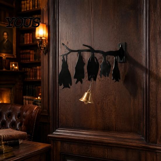 Halloween Courtyard Decoration Hanging Wall Decor, Matte Black Dead Branch Bat Silhouette Ornament Durable Acrylic Holiday Sign with Metal Bell, Easy