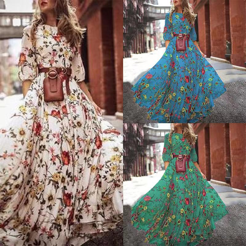 Retro Floral Long Dress with Round Neck and Large Swing - 2024 European & American Style