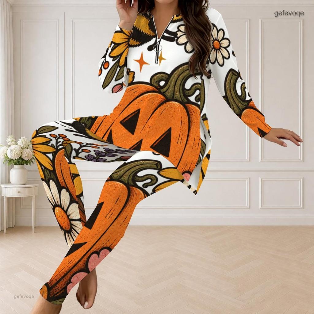 Women Plus Size Halloween Printed Two Piece Pants Set Half Zip Long Sleeve Top And Long Pants