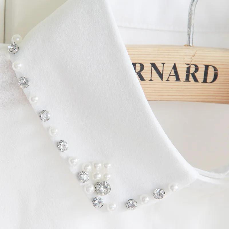 Mode Damen Chiffon Falscher Kragen Uni Hemd Perlen Weiß Falscher Kragen Damen Revers Hemd Bluse Top Abnehmbarer Kragen