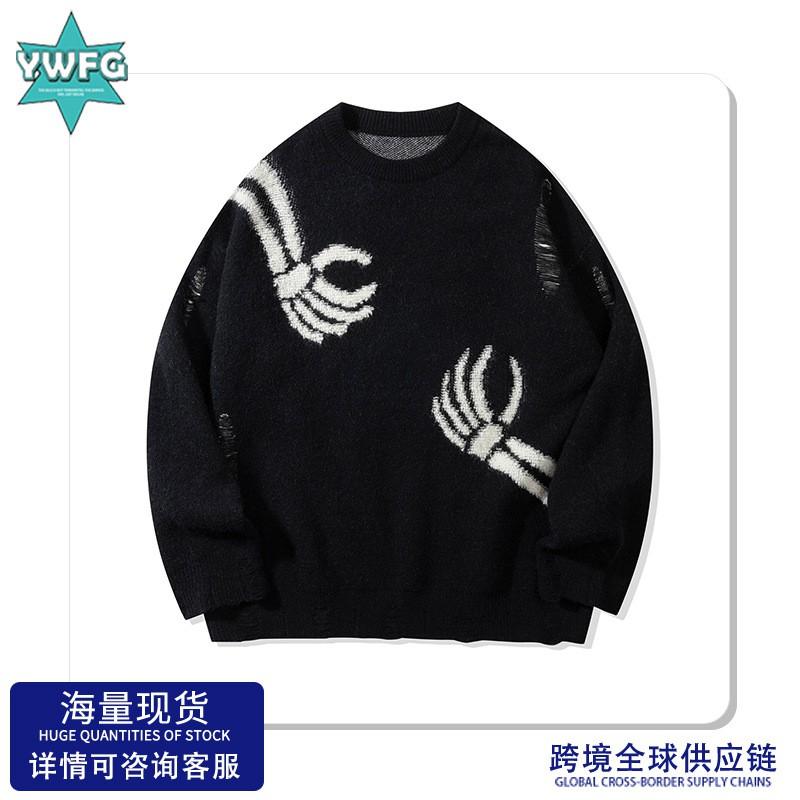American Vintage Skull New Knit Sweater Couple Casual Crewneck Long Sleeve Top