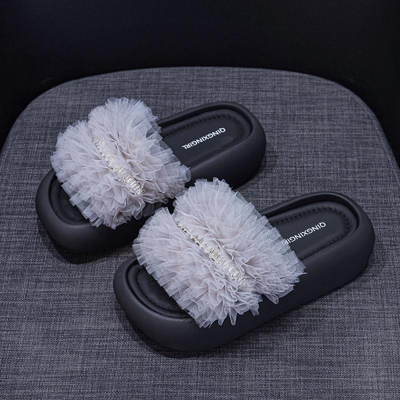 

Mesh thick-bottomed cool slippers women s casual fashion lace edge mesh rhinestone wearing women s sandals 40