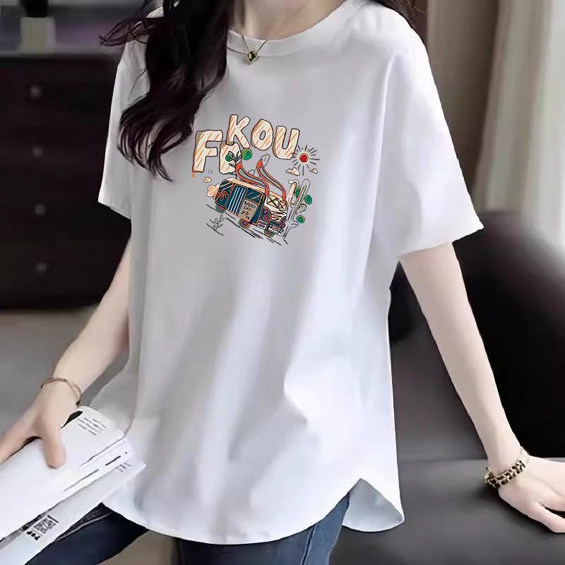 Damen Sommer 2025 Reines Baumwoll T-Shirt mit Rundhalsausschnitt, Print, abgerundetem Saum und kurzen Ärmeln - Trendiger lockerer Schnitt