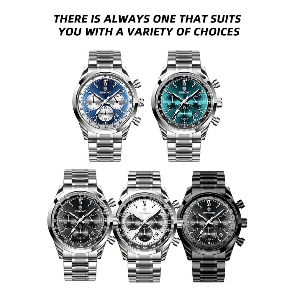 BINBOND Top Brand Luxury Man Watches Waterproof Luminous Date Chronograph Men's Quartz Watch Stainless Steel Sports Watch