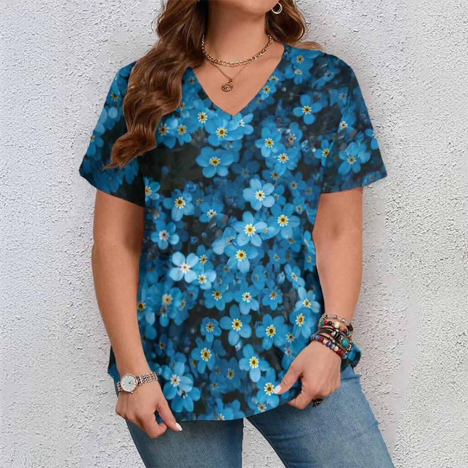 Lässiger Vielseitiger Modetrend Hochwertiges Blumenmuster Kurzärmeliges V-Ausschnitt T-Shirt