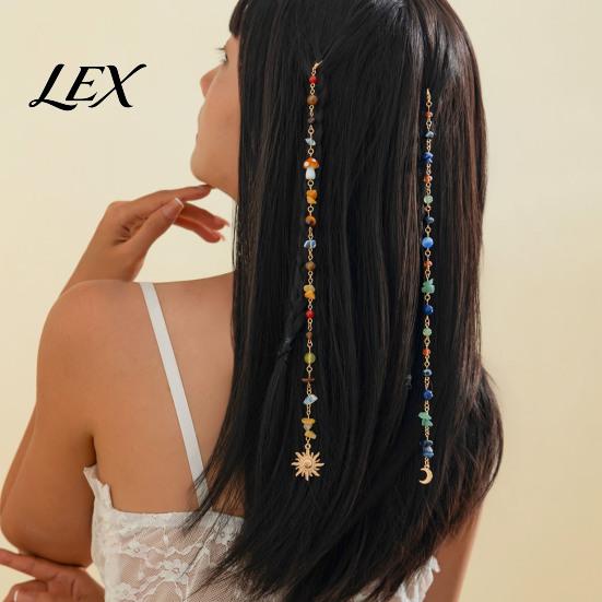 Sea Themed Hair Accessories 2Pcs Bohemian Long Tassel Braided Chain with Clips, Colorful Gift for Ocean Style Lovers Sun Moon Pendant, Jewelry