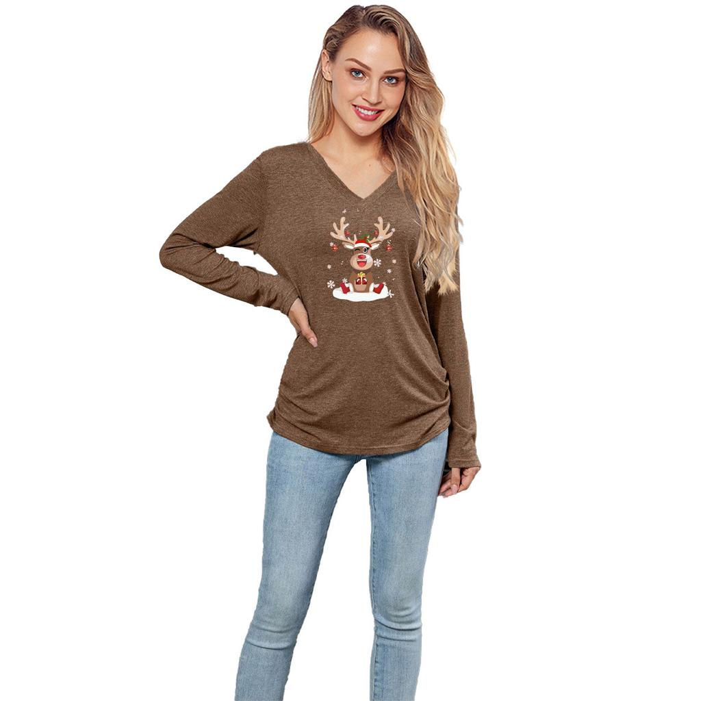 GMXIA New Solid-color Christmas Print Top for Women Is A Loose and Casual Long-sleeved T-shirt