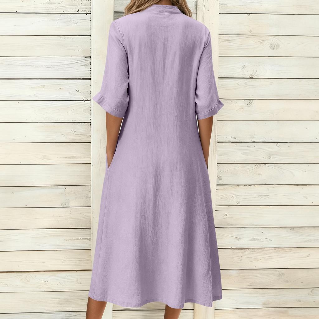 Modna Damska Jednokolorowa Luźna Sukienka z Kołnierzykiem Stojącym i Krótkim Rękawem