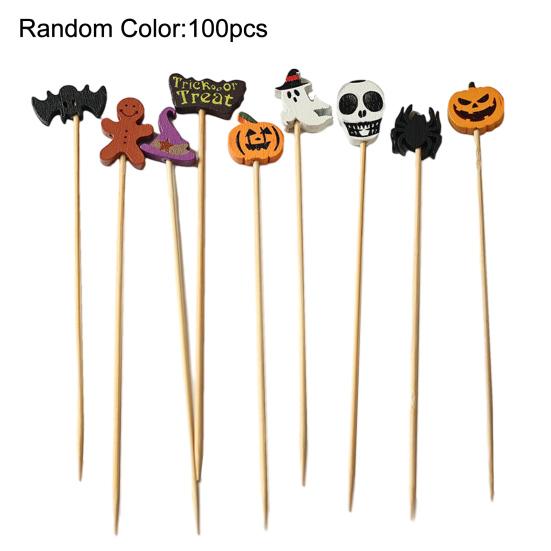 100PCS Disposable Cocktails Tags, Halloween Pumpkin Ghost Bat Decor Bamboo Skewers, Sharp Tip Party Picks for Fruits Snacks Cakes Bar