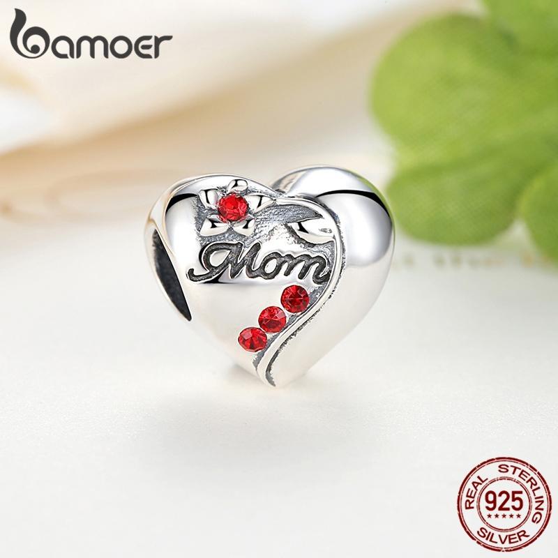 BAMOER Brelocuri cu inimă roșie MOM din argint 925 autentic, potrivite pentru brățări Cadou de Ziua Mamei