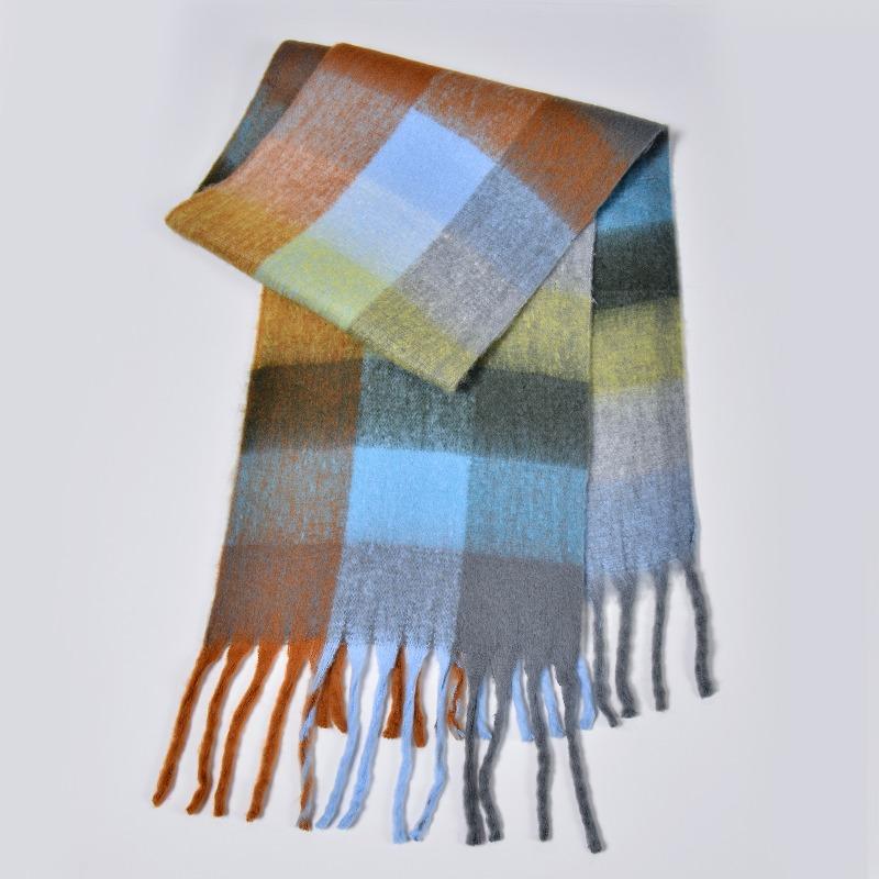 New autumn and winter rainbow plaid scarf fashion circle yarn thickened warm plaid fringed long scarf couple