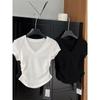 American V-neck Solid Color Front Shoulder Short-sleeved Women's Top Summer Design Sense Niche Waist Pleated Slim Spice Girl T-shirt Base