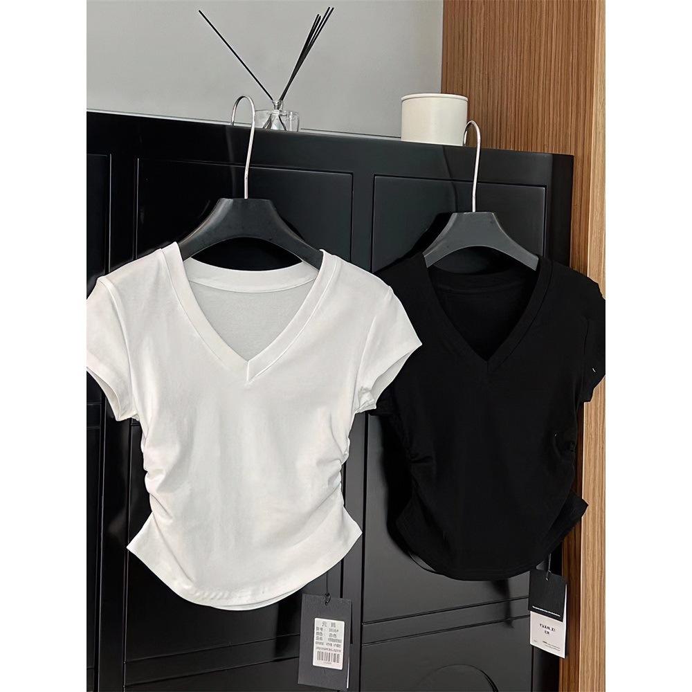 American V-neck Solid Color Front Shoulder Short-sleeved Women's Top Summer Design Sense Niche Waist Pleated Slim Spice Girl T-shirt Base