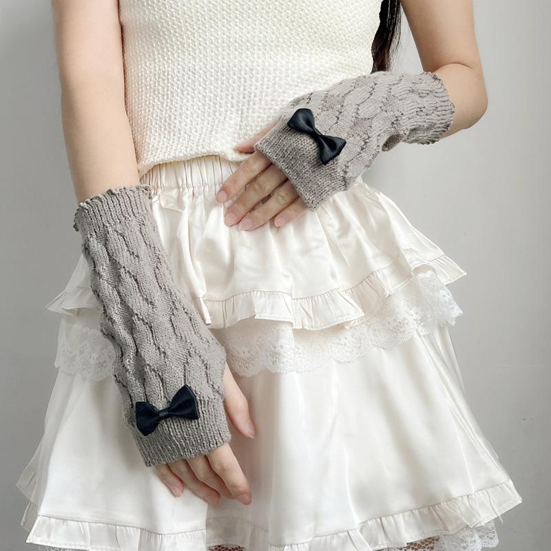 Lovely Knitted Bowknot Half Finger Gloves Sweet Girl Arm Sleeves Hand Warm Elastic Decorated Handcuffs Party Accessories
