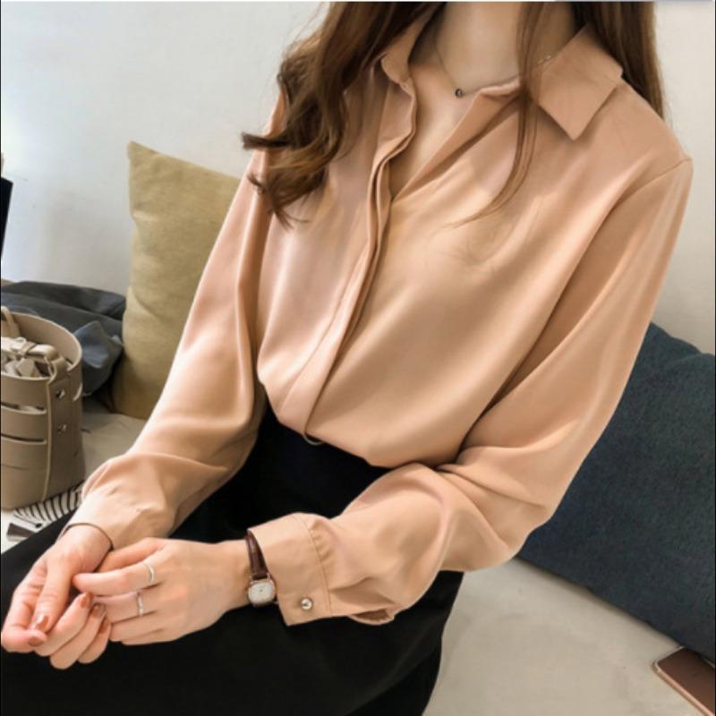 Damen Bluse aus staubigem Blauem Chiffon Langarm Hemdkragen Elegant Lässig Büro Oberteil Für den Täglichen Gebrauch