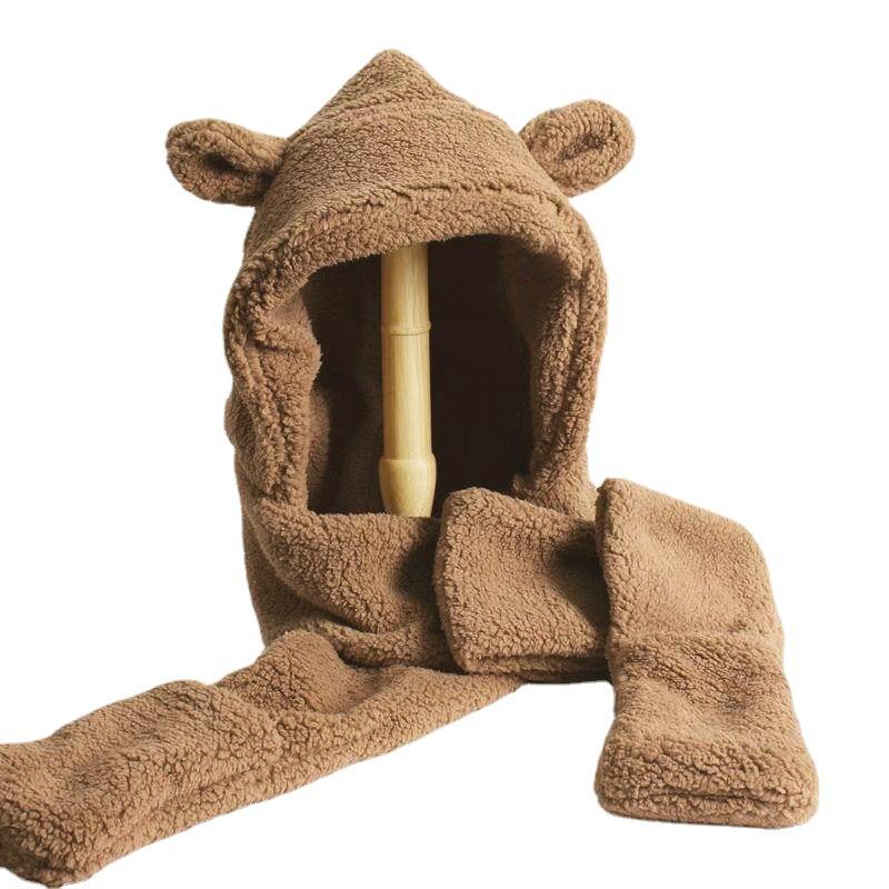Winter bear ear-protecting hat and scarf combo for women, autumn and winter versatile cute hooded plush warm Korean style trendy