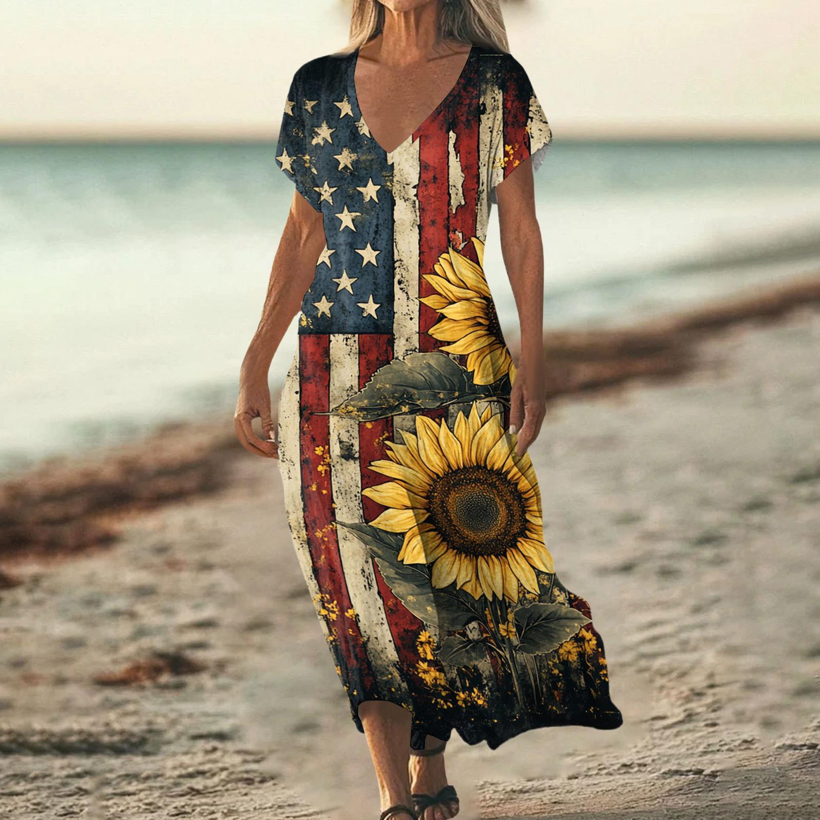 

Summer Dress Women s Long Beach Dress Elegant Dress V-Neck Short Sleeve Summer Dress Light Airy XL
