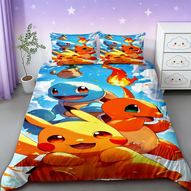 Pikachu Bedding Set Cartoon Anime Children Bedroom Quilt Cover Boy Girl Bedclothes Single Double King Pikachu Duvet Cover Gift