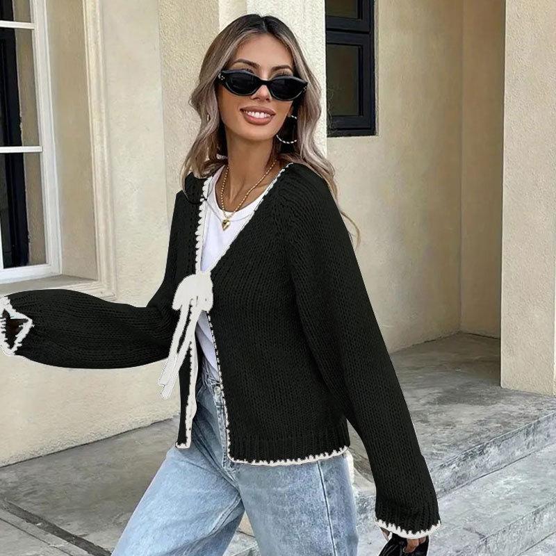 Women Loose Bow Tie Cardigan Sweater Long Sleeve V-neck Knit Top Casual Streetwear Elegant Lace Up Cozy Autumn Outerwears