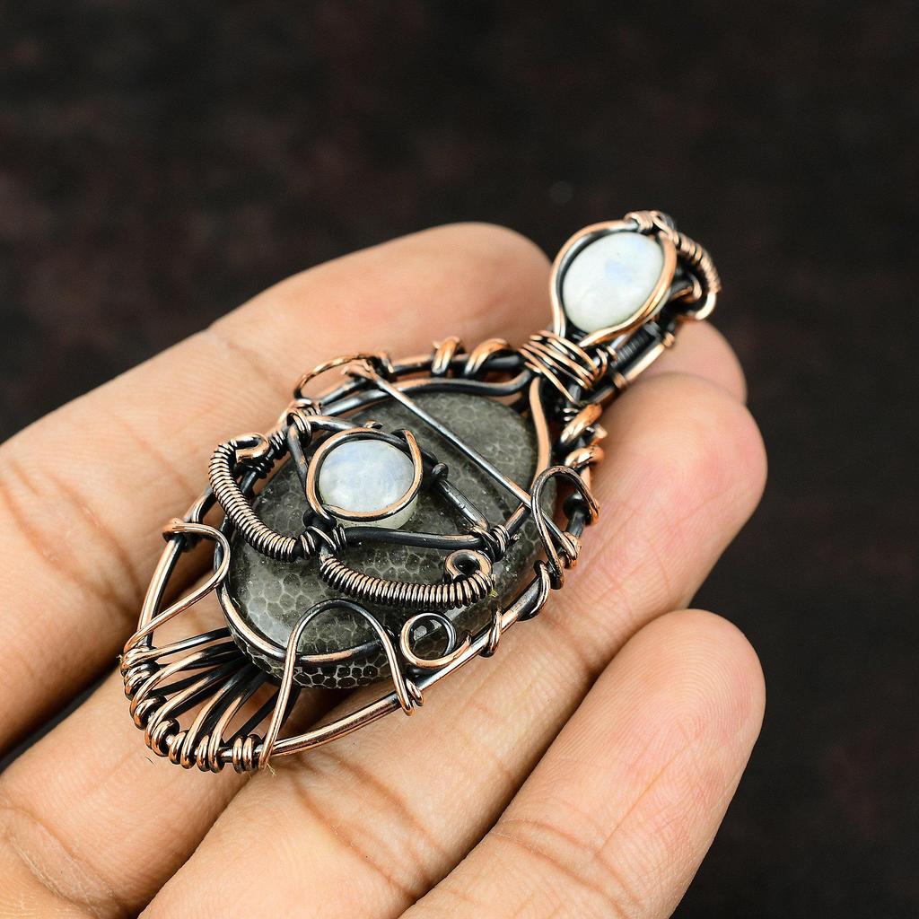 Evil Eye Stingray Coral Copper Wire Wrapped Gemstone Pendant Copper Wire Wrap Jewelry Moonstone Evil Eye Pendant Handmade Women Pendant Gift