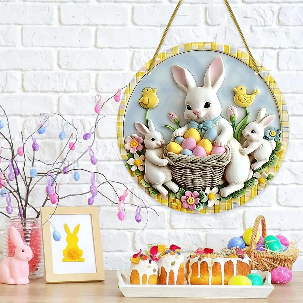 20x20cm Easter Door Sign Acrylic Bunny Family Round Ornament for Front Door Hangable Spring Wall Art Decoration Home pendant