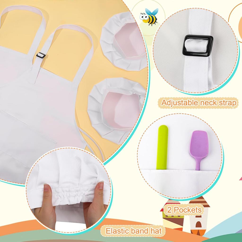 2 Pack Kids Chef Apron and Hat, Adjustable Kitchen Cooking Apron with Two Pockets for Girls Boys
