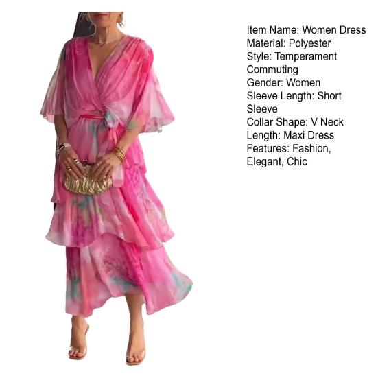 Summer Women Flowy Maxi Dress Loose V Neck Short Sleeve Chiffon Printed Long Dress with Layered Ruffle Lace Up