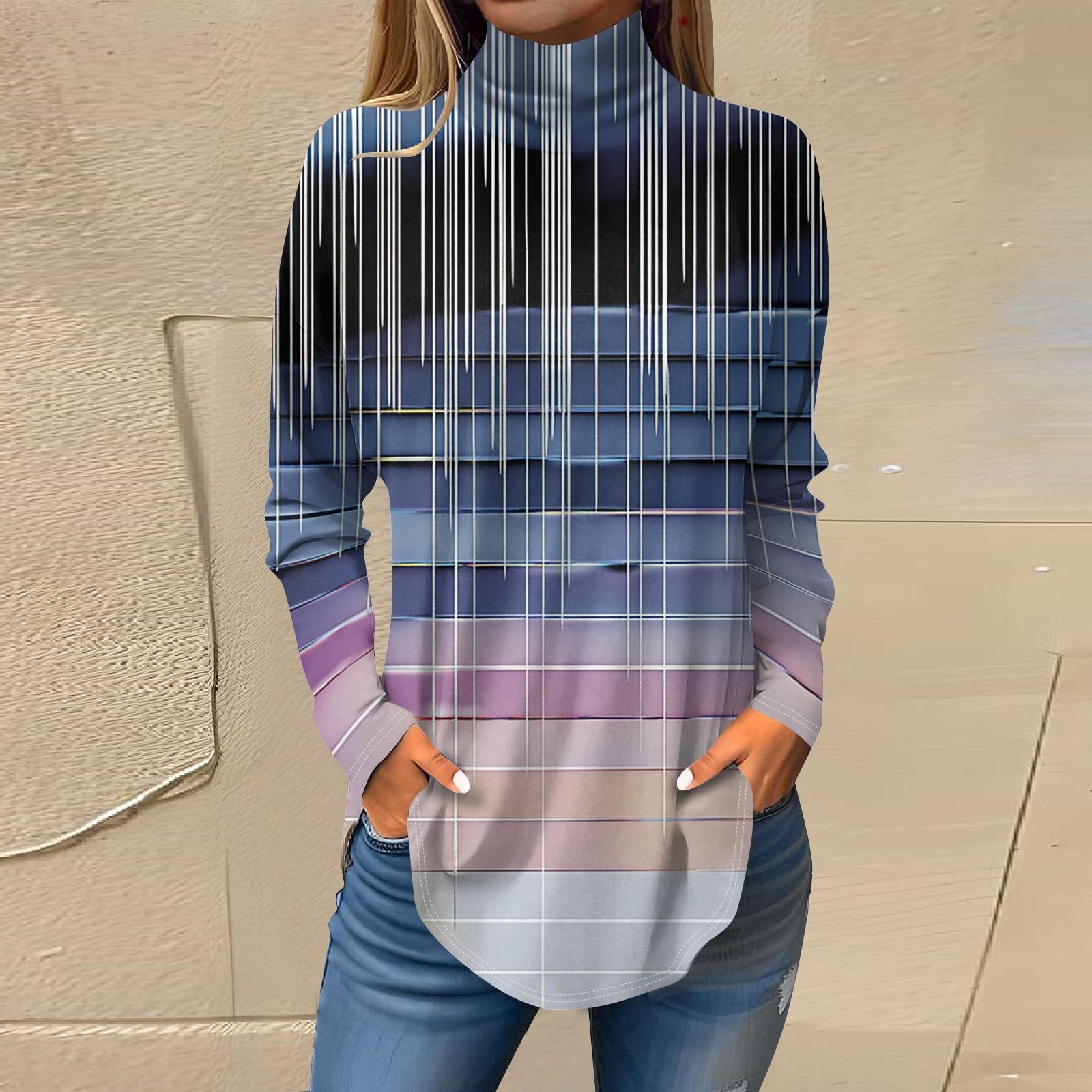 

Женская модная повседневная футболка с длинным рукавом с высоким воротом и принтом, пуловер, топ L синий