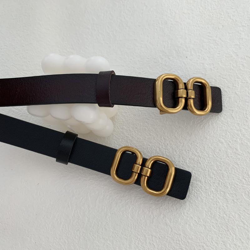 Womens Genuine Stylish Leather Vintage Versatile Double Layer Cowhide Belt Black