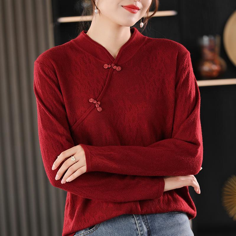 New Medium and Retro Buckle Sweater Women's Diagonal Placket Stand-up Collar Solid Color Temperament Bottoming Knitted Sweater Women
