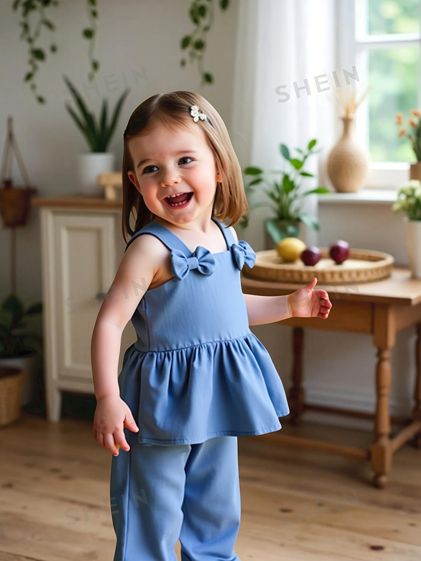 Toddler Girls Denim Look Two Piece Set Bow Tie Suspenders Top Straight Leg Pants Summer Outfit Blue 9-12M