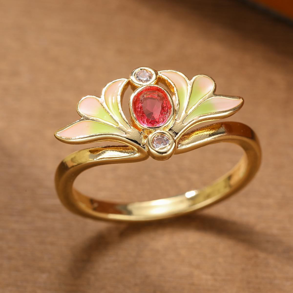 Retro-fächerförmiger Ring mit künstlichem Edelstein aus Kupfer, ein Schmuckring für Damen für den Urlaub oder besondere Anlässe. 10