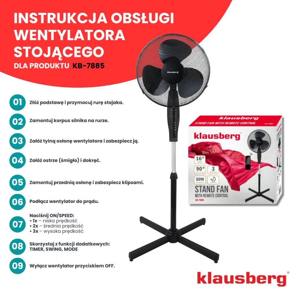 Wentylator podłogowy z pilotem i timerem 40cm 50W KLAUSBERG KB-7885