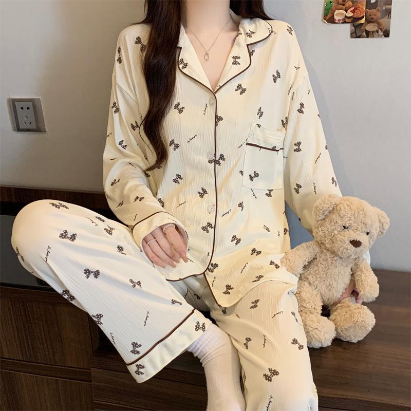 ins style girlish pajamas women's spring and autumn long-sleeved sweet bow full print casual loungewear set